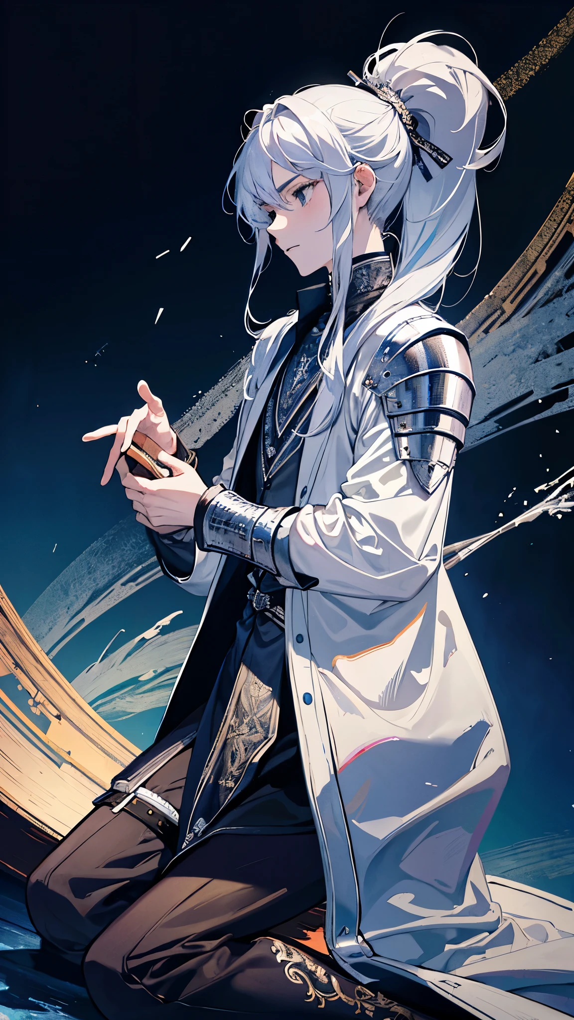 A knight around 25 years old wearing silver armor and a swordsman with long silver hair tied in a ponytail.,On one knee,I have pledged my allegiance,The background is a castle