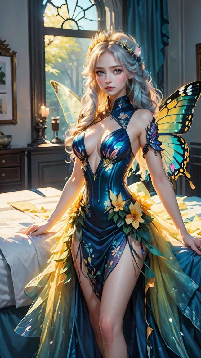 Best quality, masterpiece, ultra high res, raw photo, beautiful and aesthetic, deep shadow, fairy theme,(ultra detailed:1.3),
1girl, sexy pose, flower headdress, drill hair, long hair, blonde hair, gradient hair, yellow eyes, solo, huge breasts, big hair, blue hair, divine goddess, looking at viewer, indoors, queen bedroom, empress bed, room full of curtain, astraea, full body, midnight, glowing light, neon light, butterfly dress, transparant dress, butterfly wings 