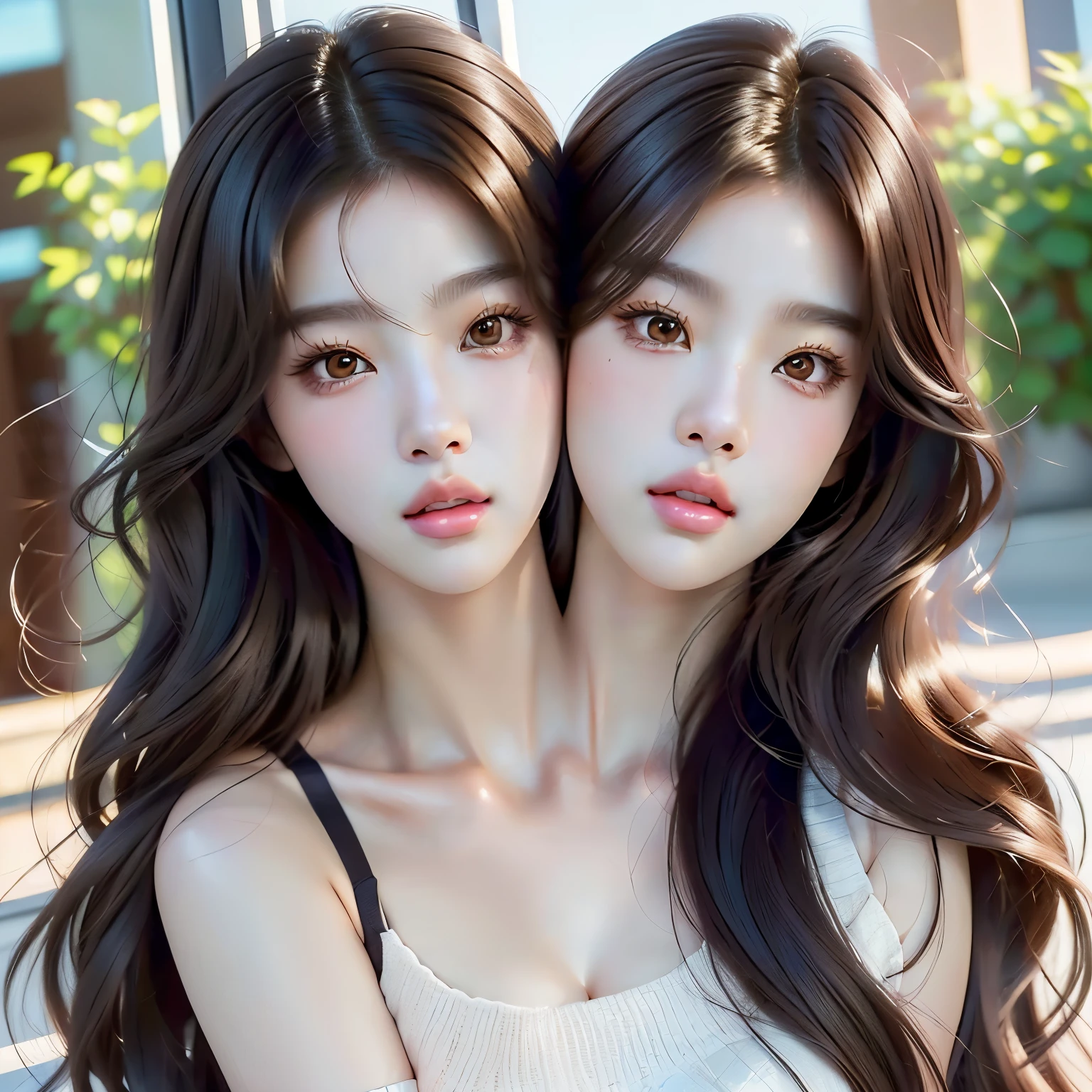 (2heads:1.2), 1girl, kpop stars, blackpink, two women with long hair and brown eyes are posing for a picture, beautiful gemini twins portrait, beautiful gemini twins, kawaii realistic portrait, cute digital art, artwork in the style of guweiz, realistic anime 3 d style, beautiful and realistic faces, photorealistic!!!!!!! art style, realistic artstyle, realistic female faces, realism artstyle, gorgeous digital art