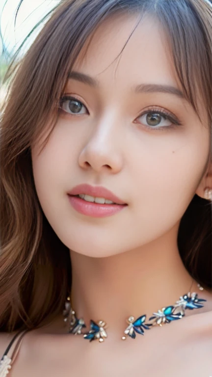 (masterpiece:2), (Highest quality:2), (Super detailed:2), (Beautiful face and eyes in every detail:2), Beach Background, (Learning to Move Forward:1.4), (look up:1.4), From above, One girl, smile, Brown long hair, (Skirt Style Bikini:1.3),
