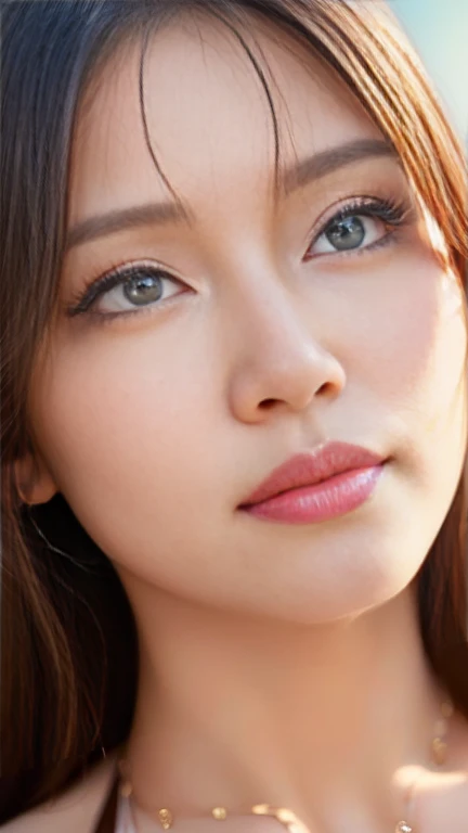 (masterpiece:2), (Highest quality:2), (Super detailed:2), (Beautiful face and eyes in every detail:2), Beach Background, (Learning to Move Forward:1.4), (look up:1.4), From above, One girl, smile, Brown long hair, (Skirt Style Bikini:1.3),