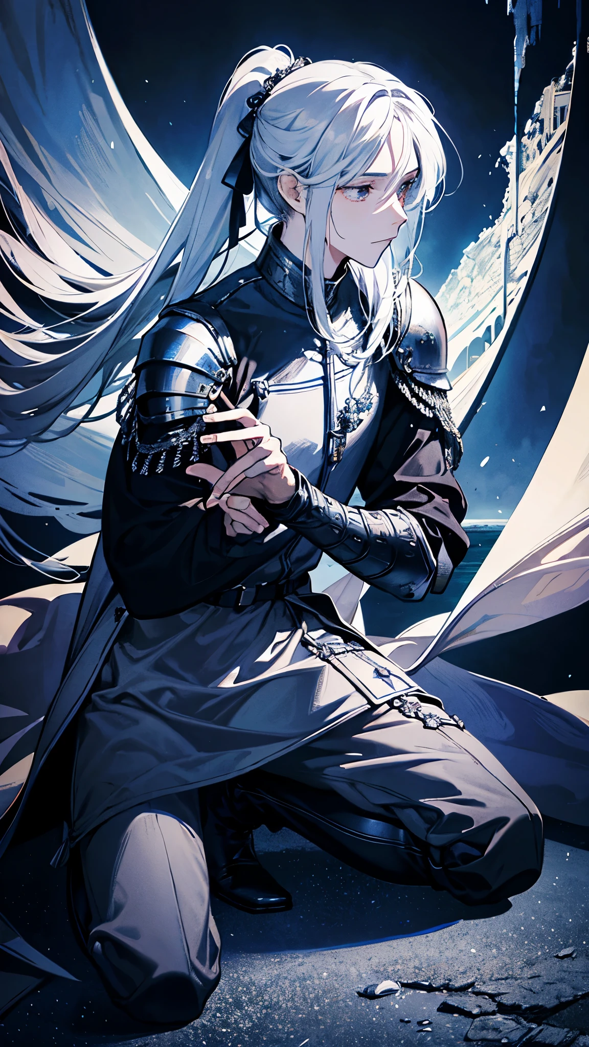A knight around 25 years old wearing silver armor and a swordsman with long silver hair tied in a ponytail.,On one knee,I have pledged my allegiance,The background is a castle