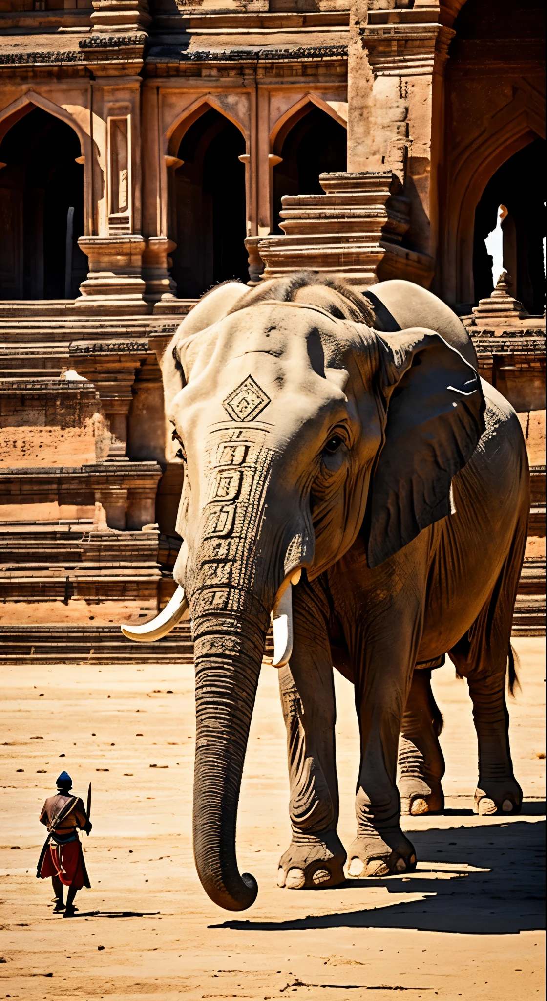 Draw a photo of ancient bagan, Hight quality, people are walking around by riding white elephant(detail), The king wandered around the palace(detail),the swordman troops, Cavalry troops,