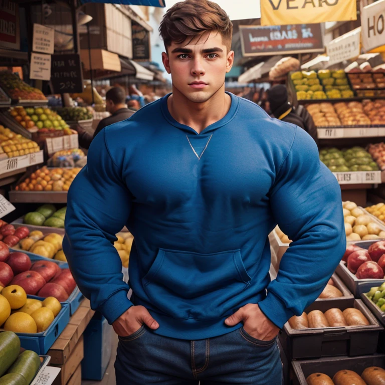 a young man, big eyes, short hair, wearing a tight simple blue sweatshirt with long sleeves, massively muscular, with massively large muscles, with his hands in his pockets, leaning against the wall of a market
