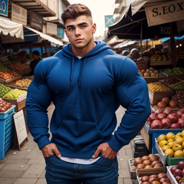 a young man, big eyes, short hair, wearing a tight simple blue sweatshirt with long sleeves, massively muscular, with massively large muscles, with his hands in his pockets, leaning against the wall of a market