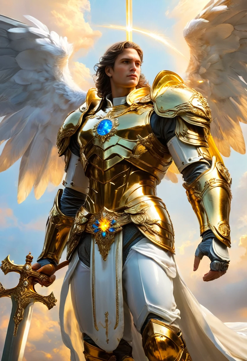 saint archangel Michael, poweful, colossal wings, wearing celestial clothes and armor. Perfect face. Looking to the camera. Holding golden  sword. Drawing masterpiece.