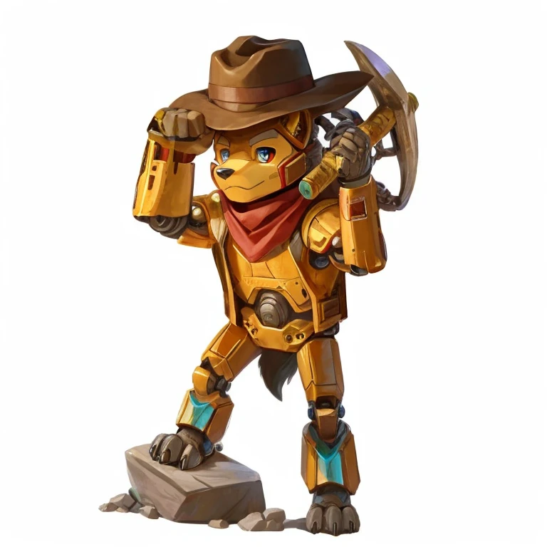 Robot Male muscular anthro wolf, standing, one feet standing on a stone, right hand holding a picaxe, left hand holding a cowboy hat on his head, wearing red scarf on the neck