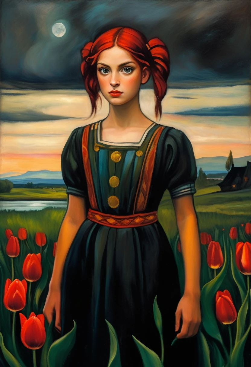 [[(front full portrait: (young Hera Hilmar with Tulips) (solo) with big eyes and a red short hair two pigtails , apple)((Edvard-Munch style!!!))])):20]/[background: landscape
 dark Renaissance, old canva, (noir night), ((russian landscape style Esao-Andrews:1,6))]/[two-color lighting, ((oil painting palette knife))((masterpiece)),((highest detail))]]