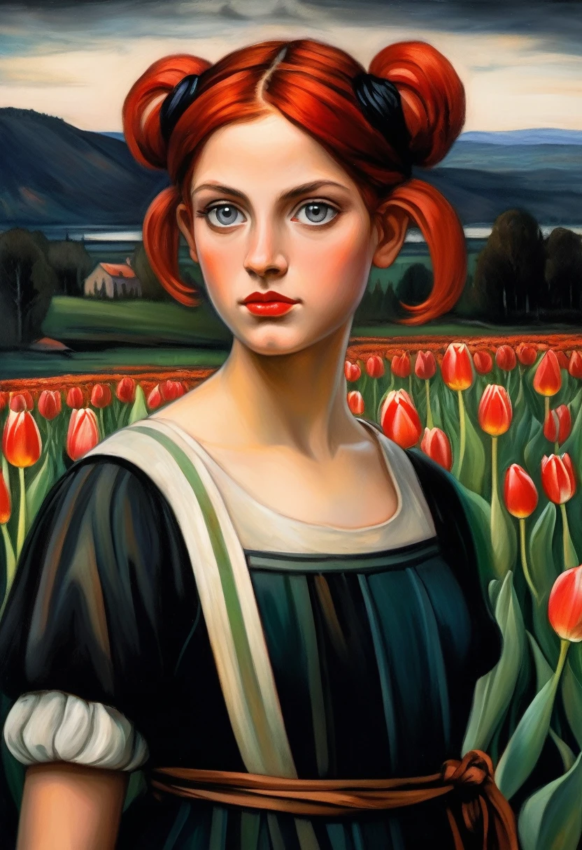 [[(front full portrait: (young Hera Hilmar with Tulips) (solo) with big eyes and a red short hair two pigtails , apple)((Edvard-Munch style!!!))])):20]/[background: landscape
 dark Renaissance, old canva, (noir night), ((russian landscape style Esao-Andrews:1,6))]/[two-color lighting, ((oil painting palette knife))((masterpiece)),((highest detail))]]