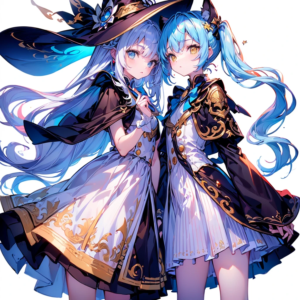 ((tmasterpiece))、(((top-quality))、(CharacterDesignSheet、Same character、gauges、Across、A sole)、illustratio、1 rapariga、、By bangs、yellow eyes、environment change scene、hairstyle fax、Pose Jitai、femele、Light blue hair、twosideup、There is a light blue ribbon on the head、Witch outfit、(simple background、White background:1.3)、