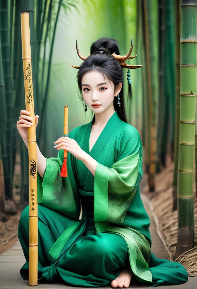 high quality, 8K Ultra HD, Surreal portrait of a stunning woman.
Emerald Kylin，Deep in the bamboo forest，Chinese painting sketch，一幅翡翠之身的麒麟在Deep in the bamboo forestmeditation的国画，Duo，1 Qilin and 1 spiritual partner（Like bamboo flute），meditation，Sitting cross-legged，tool，Focus on Qilin，Inside out，Hand-held bamboo flute，Emerald green color，No conventional decoration，The elegance of bamboo forest，The finishing touch，Bamboo flute or meditation props，Grip，Double horns slightly raised，Quiet Thinking，Chinese painting sketch。