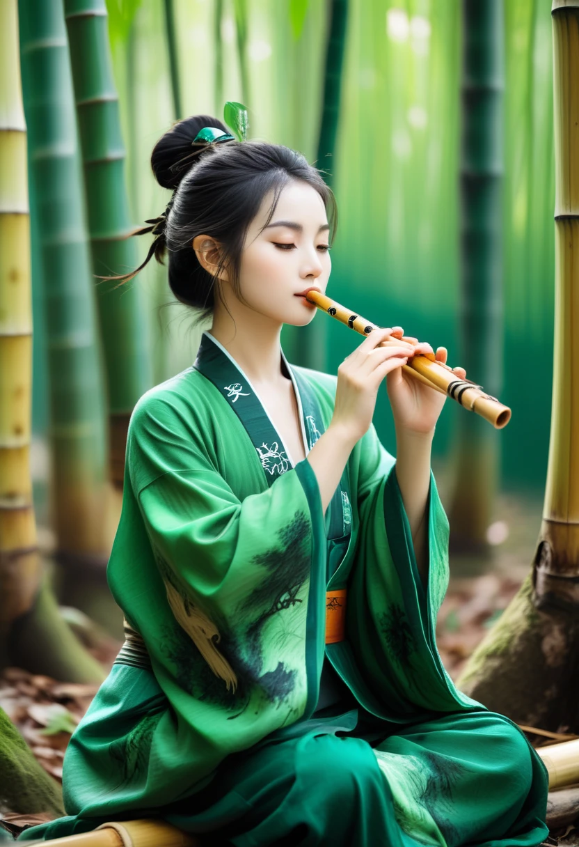 high quality, 8K Ultra HD, Surreal portrait of a stunning woman.
Emerald Kylin，Deep in the bamboo forest，Chinese painting sketch，一幅翡翠之身的麒麟在Deep in the bamboo forestmeditation的国画，Duo，1 Qilin and 1 spiritual partner（Like bamboo flute），meditation，Sitting cross-legged，tool，Focus on Qilin，Inside out，Hand-held bamboo flute，Emerald green color，No conventional decoration，The elegance of bamboo forest，The finishing touch，Bamboo flute or meditation props，Grip，Double horns slightly raised，Quiet Thinking，Chinese painting sketch。