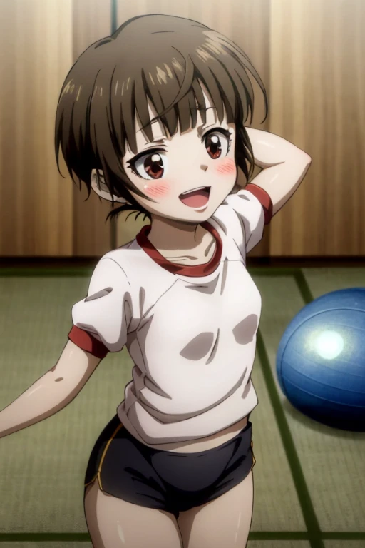 ((Highest quality)), ((masterpiece)), (be familiar with), Perfect Face, indoor, Bedroom, Watching the audience,
One woman, Tsunemori Akane,
Open Mouth, Ecstatic expression, blush, smile,
Small breasts, Flat Chest, Young Girl, Lori, child, Girl,
Short Hair, short hair,
Gym suit, White short sleeves, Black shorts, Leg spread,