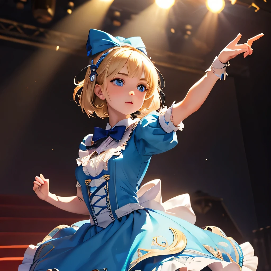 1girl, masterpiece, best quality, 8k, detailed skin texture, detailed cloth texture, beautiful detailed face, intricate details, ultra detailed, Alice in Wonderland, (a bow on her head:1.1), upper body, blonde hair, blue eyes, full body, sideview, dancing at the stage