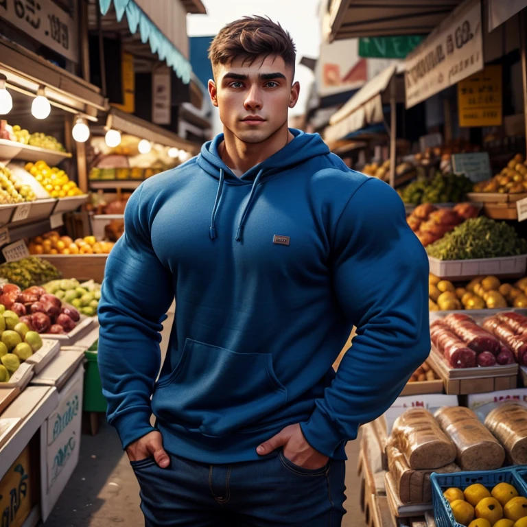 a young man, big eyes, short hair, wearing a tight simple blue sweatshirt with long sleeves, massively muscular, with massively large muscles, with his hands in his pockets, leaning against the wall of a market