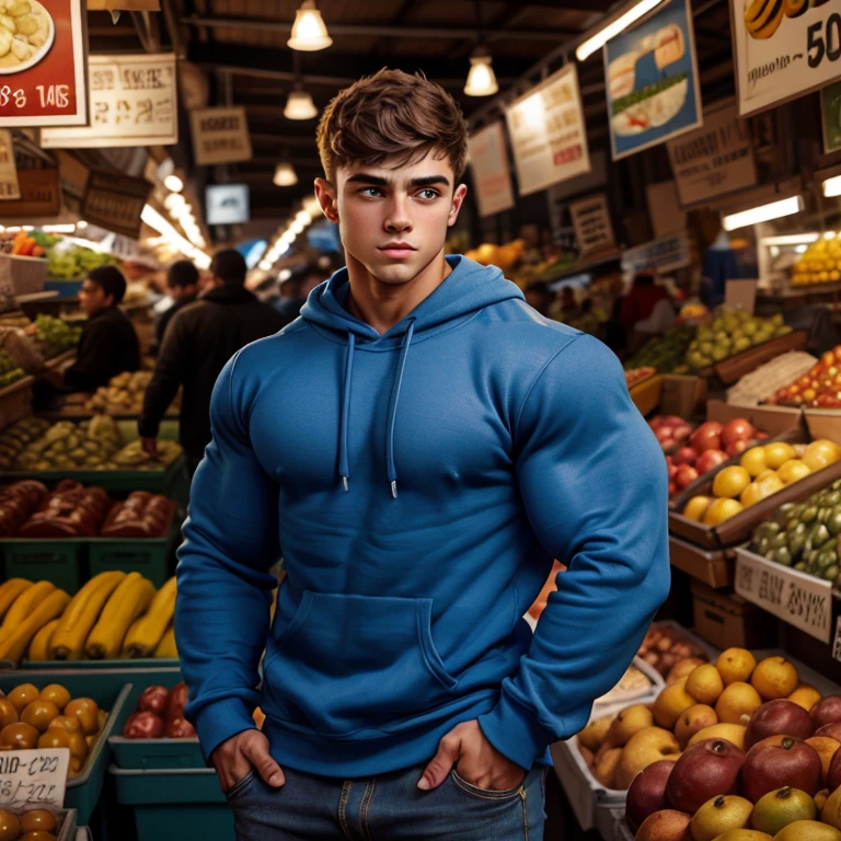 a young man, big eyes, short hair, wearing a tight simple blue sweatshirt with long sleeves, massively muscular, with massively large muscles, with his hands in his pockets, leaning against the wall of a market