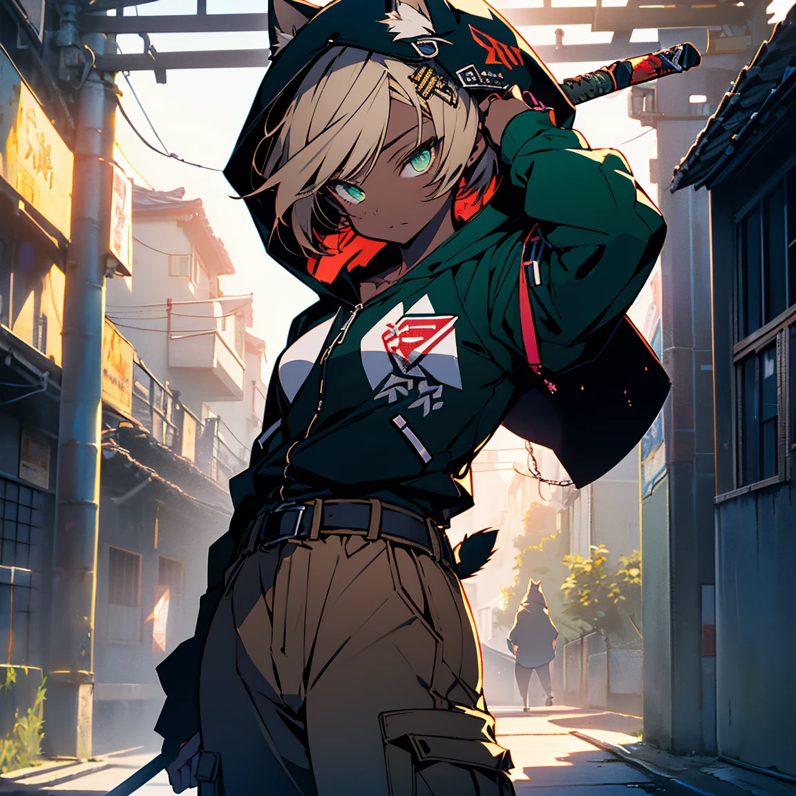 (Highest quality: 1.3), (masterpiece: 1.3), (超detailed: 1.3), (wallpaper, 1 girl, , (detailed),One elementary school girl,Anime girl in black with cat hoodie, Black hoodie,Hooded,With a sword,Held up a sword,Japanese sword,Two-Way,samurai,short hair,Belly button,Dance logo tape belt chain cargo pants,Cargo jogger pants,Cat ear,Green Eyes,short hair,Blonde,tail,, flat chest,Background wall,(dark tan skin), (dark-skinned female, tanned),