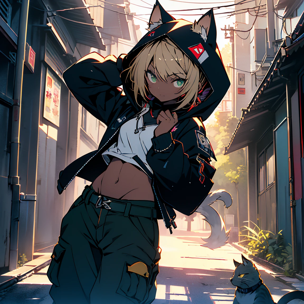(Highest quality: 1.3), (masterpiece: 1.3), (超detailed: 1.3), (wallpaper, 1 girl, , (detailed),One elementary school girl,Anime girl in black with cat hoodie, Black hoodie,Hooded,With a sword,Held up a sword,Japanese sword,Two-Way,samurai,short hair,Belly button,Dance logo tape belt chain cargo pants,Cargo jogger pants,Cat ear,Green Eyes,short hair,Blonde,tail,, flat chest,Background wall,(dark tan skin), (dark-skinned female, tanned),