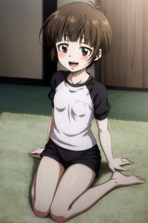 ((Highest quality)), ((masterpiece)), (be familiar with), Perfect Face, indoor, Bedroom, Watching the audience,
One woman, Tsunemori Akane,
Open Mouth, Ecstatic expression, blush, smile,
Small breasts, Flat Chest, Young Girl, Lori, , Girl,
Short Hair, short hair,
Gym suit, White short sleeves, Black shorts, Leg spread,