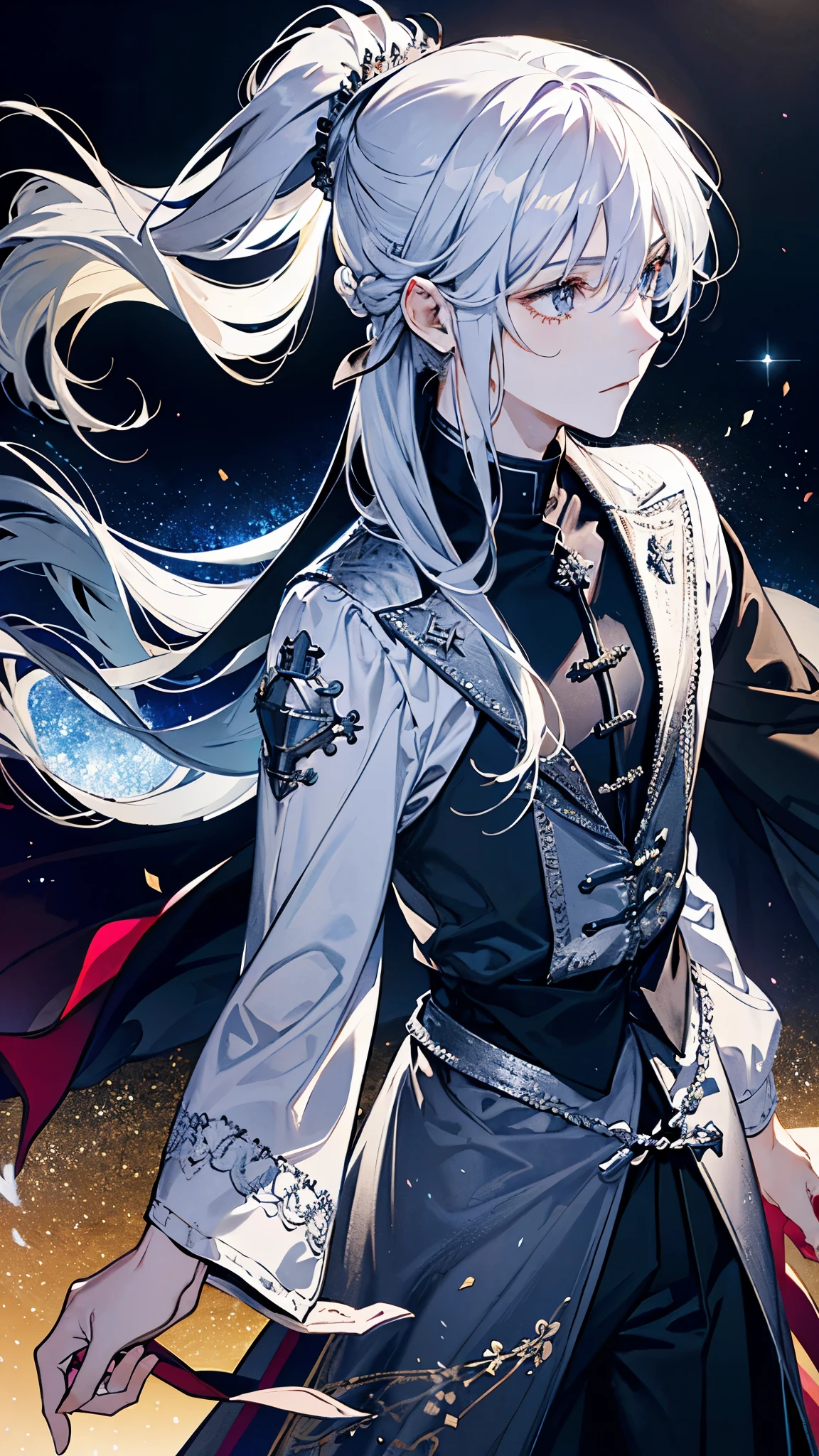 A knight around 25 years old wearing silver armor and a swordsman with long silver hair tied in a ponytail.,