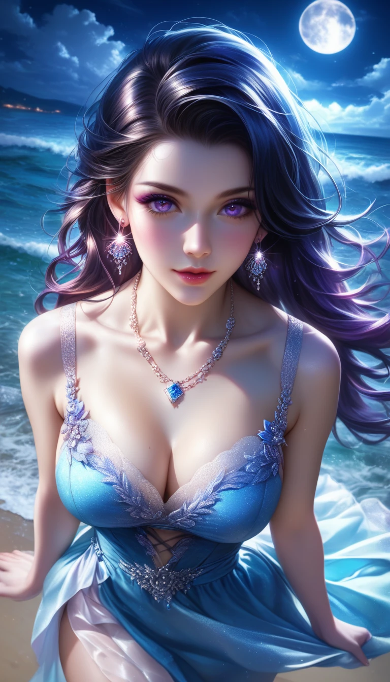 score_9, score_8_superior, score_7_superior, A masterpiece in 32K resolution,Highest quality,it is really amazing,Very detailed,Ultra-high resolution,Ultra-realistic,Realistic,Increased depth of field,Cinematic lighting,
Elegant Japanese woman,
Long black hair,Ultra-detailed and beautiful face,Gentle expression,Translucent white skin,Realistic skin texture,
Sexy Summer Beach Dresses,
Bold design,Artistic design,Beautiful and detailed pattern,Detailed fabric texture,
Gorgeous necklace,Earrings,
Coastline at night,Giant Moon,Dark clouds floating in the dark night sky,
High angle,