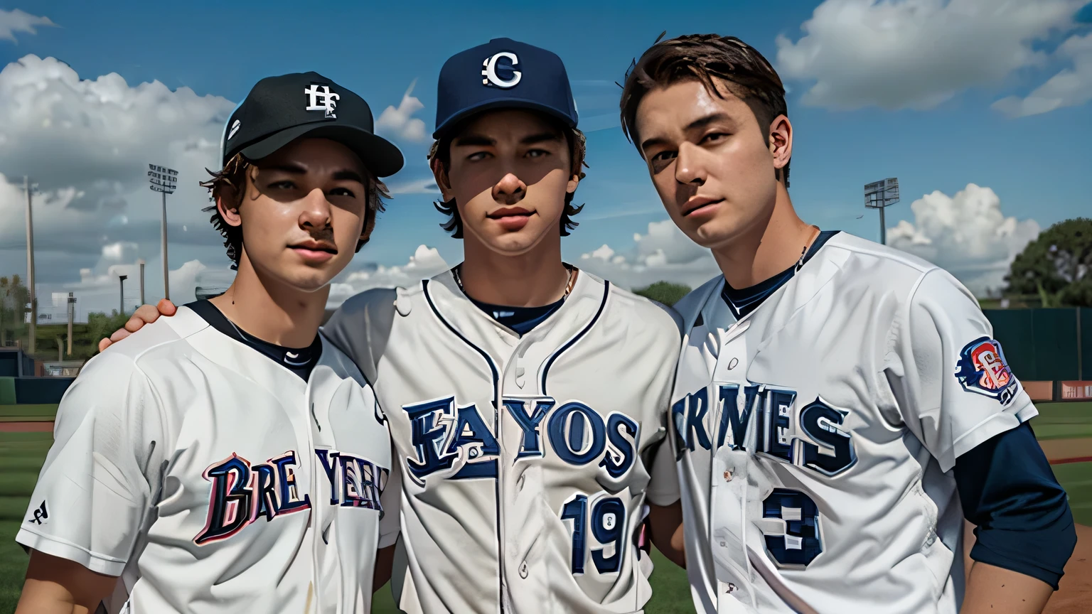 Realistic style,Three white men,Between 10 and 19 years old,front,Half Body,Wearing a baseball jersey,Leaning together,Baseball field in the background