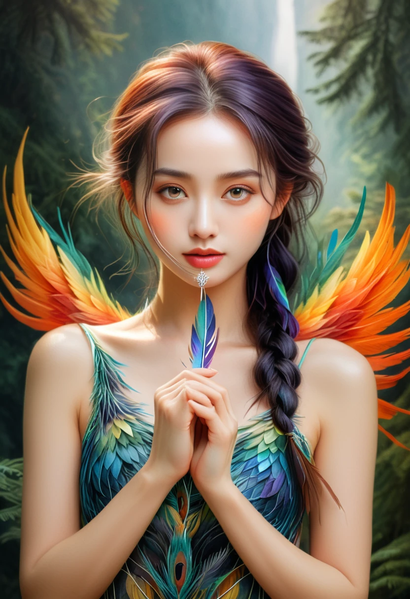 high quality, 8K Ultra HD, Surreal portrait of a stunning woman.
Glazed Phoenix,Deep valley forest,Watercolor rendering,一副描绘着琉璃羽翼的凤凰于Deep valley forest中静思的画面,Duo,1 Phoenix and 1 Soulmate(Like glass beads),Meditation,Cross knees,tool,Focus on Phoenix,Inside out,Holding glass beads,Transparent glass feather,No traditional decoration,Natural elegance,Embellished with color,琉璃珠或静思tool,Holding,The wings are slightly open,Quiet Meditation,Watercolor rendering。