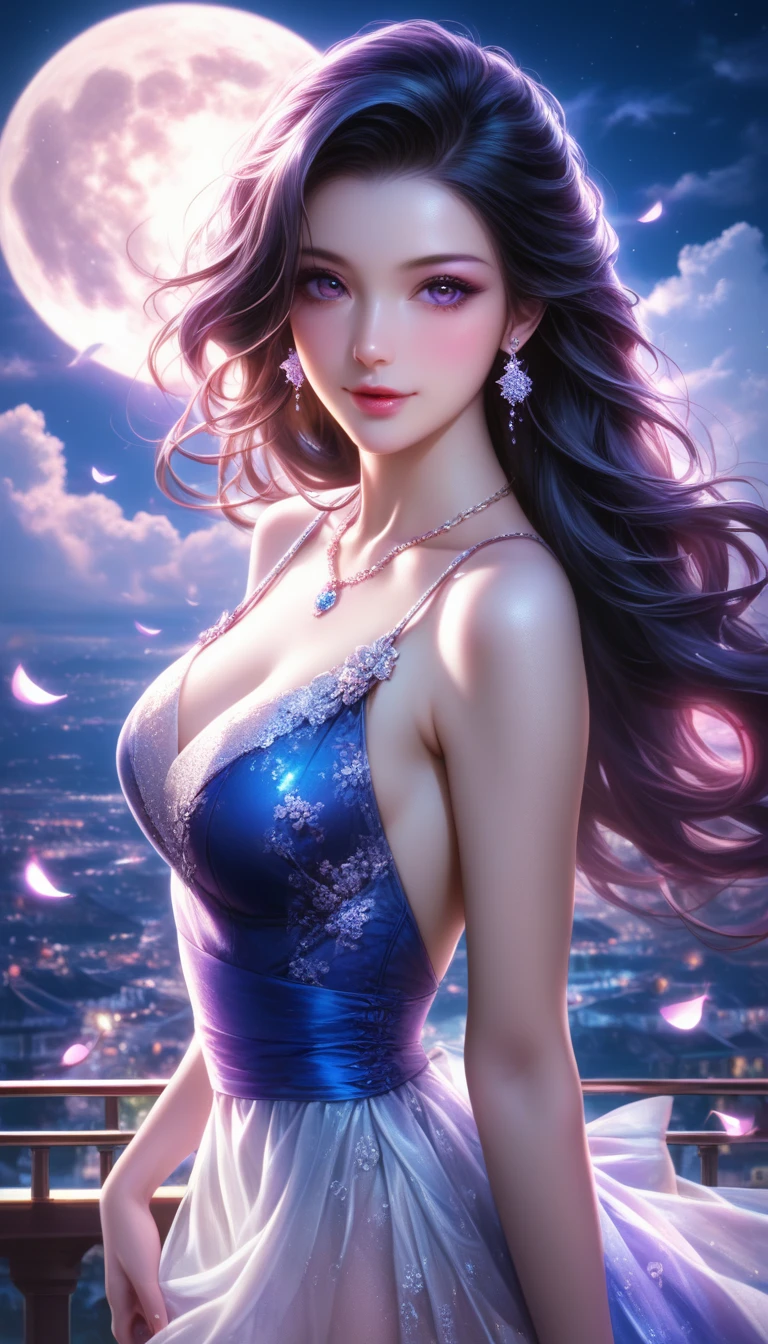 score_9, score_8_superior, score_7_superior, A masterpiece in 32K resolution,Highest quality,it is really amazing,Very detailed,Ultra-high resolution,Ultra-realistic,Realistic,Increased depth of field,Cinematic lighting,
Elegant Japanese woman,
Long black hair,Ultra-detailed and beautiful face,Gentle expression,Translucent white skin,Realistic skin texture,
Sexy summer dress,
Bold design,Artistic design,Beautiful and detailed pattern,Detailed fabric texture,
Gorgeous necklace,Earrings,
Coastline at night,Giant Moon,Dark clouds floating in the dark night sky,
High angle,