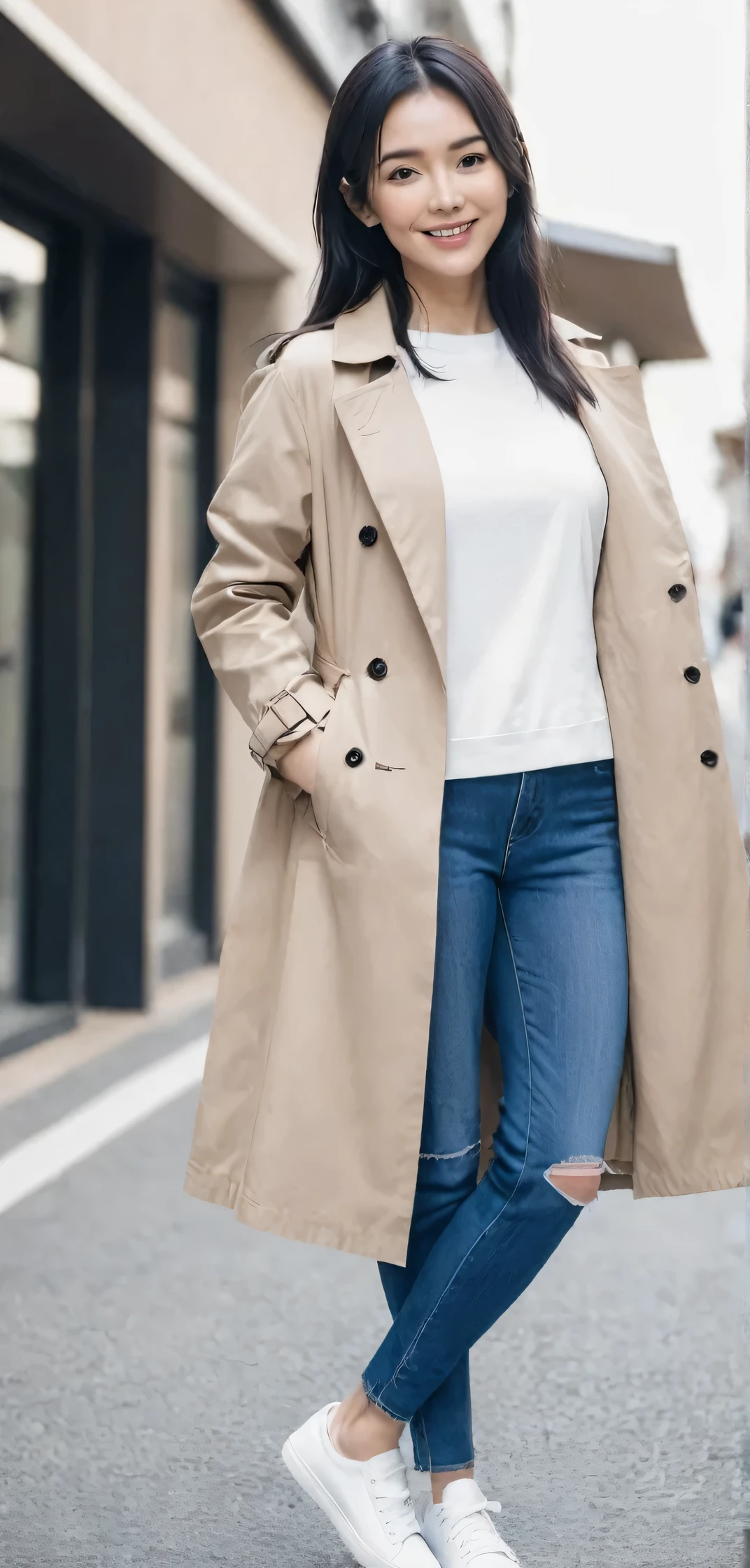 Standing woman、charm, Sports competitions, Well-proportioned body, smile、Black Hair,、 trench coat、Skinny jeans、sneakers、 白いsneakersを履いている, Looking into the camera,