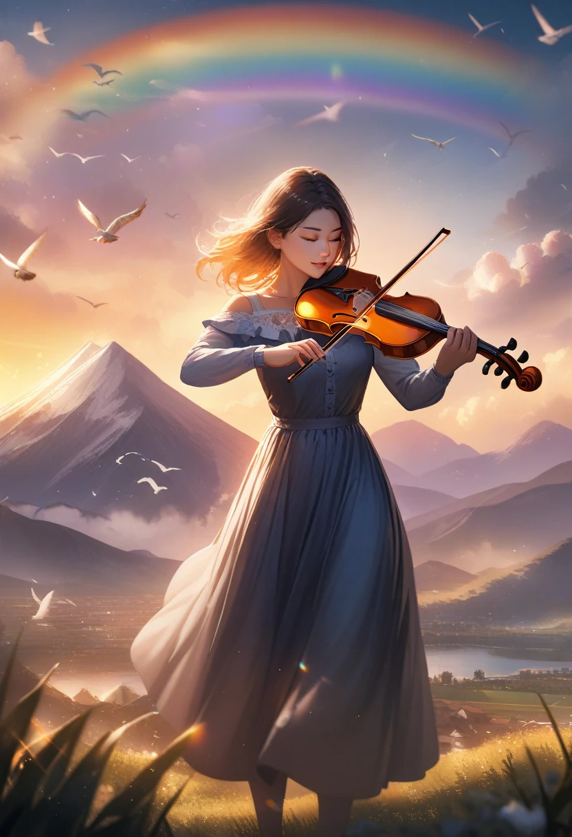 Girl playing violin, evening, rainbow, bird, ultra high definiton, mountain, 2.5 D, realistic