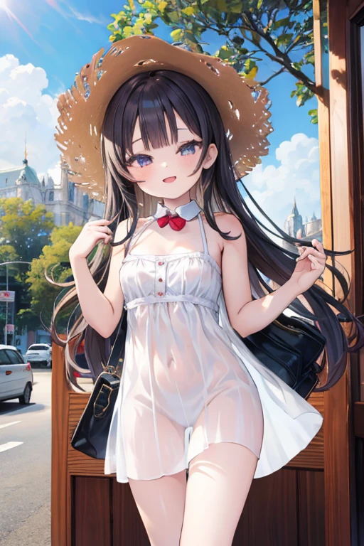 (masterpiece), Highest quality, One Girl, , pretty girl, Flat Chest, Black Hair, Very long hair, She is looking towards the viewer, She is wearing a bright red leather collar., 
She is wearing a white mini dress, Pure white clothes, Clothes without collars, The dress is sleeveless, exposing her bare shoulders and collarbones., The material of her clothes is very thin, The dress is see-through, The naked body is clearly visible, Her nipples are pressed against the fabric of her dress, Erect nipples, Nipples are visible, 
Not wearing a skirt, She&#39;s not wearing a bra, She&#39;s not wearing panties, The hem of the dress is very short, The lower half is naked, She is exposing her waist, her belly button is visible, her pussy is visible, She purposely shows off her pussy, I can see the crotch lines, she has no pubic hair, 
She stands with her legs spread, Open your knees, Wearing a straw hat, She is barefoot and wearing sandals, 
Very shy, blush, 
She is walking around the city, Blue sky behind, Standing in a crowd, Handbag pouch, 