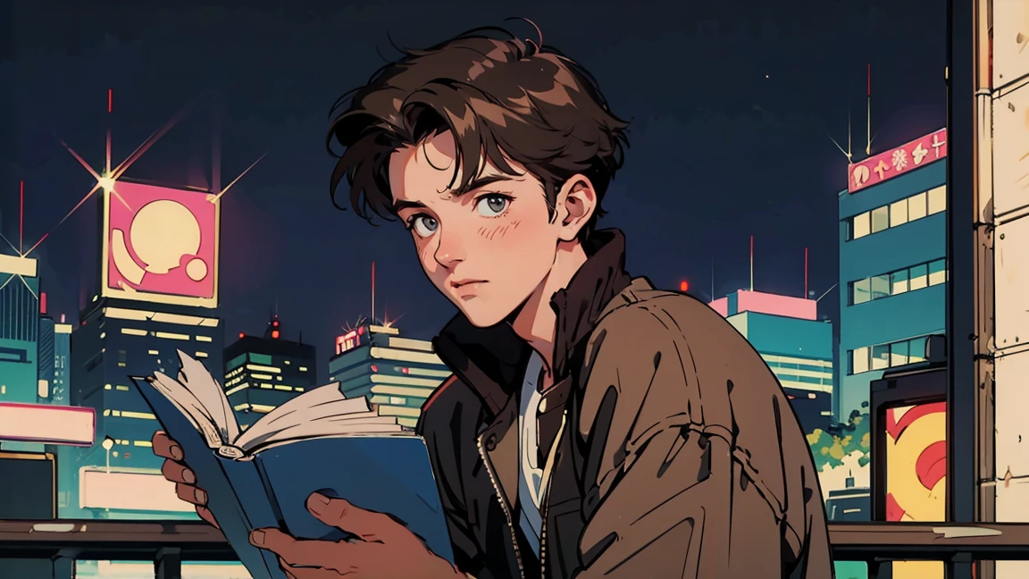 Highest quality, 8k, 1990s style,Hairstyles of the 2010s, 21 year old boy, Brown Hair, Light brown eyes, City Pop, Reading a book, whole body, Night view