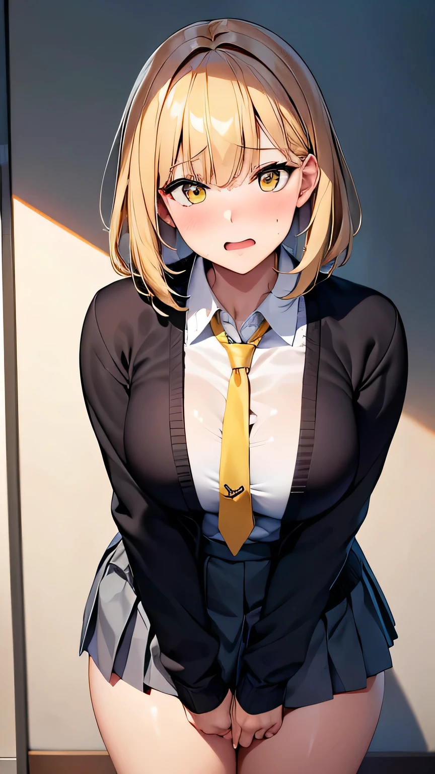 Highest quality, Soft Light, Ultra-high resolution,People Girls, alone, sexy, (Embarrassed face), (Yellow Eyes), Beautiful face in every detail,(High resolution detail of human skin texture), (Medium Hair),tie,Dress shirt,Short pleated skirt,panties,(Sweat:1.2),(masterpiece:1.3),(Realistic:1.2),(Open your mouth:1.1),cardigan,socks,Long sleeves