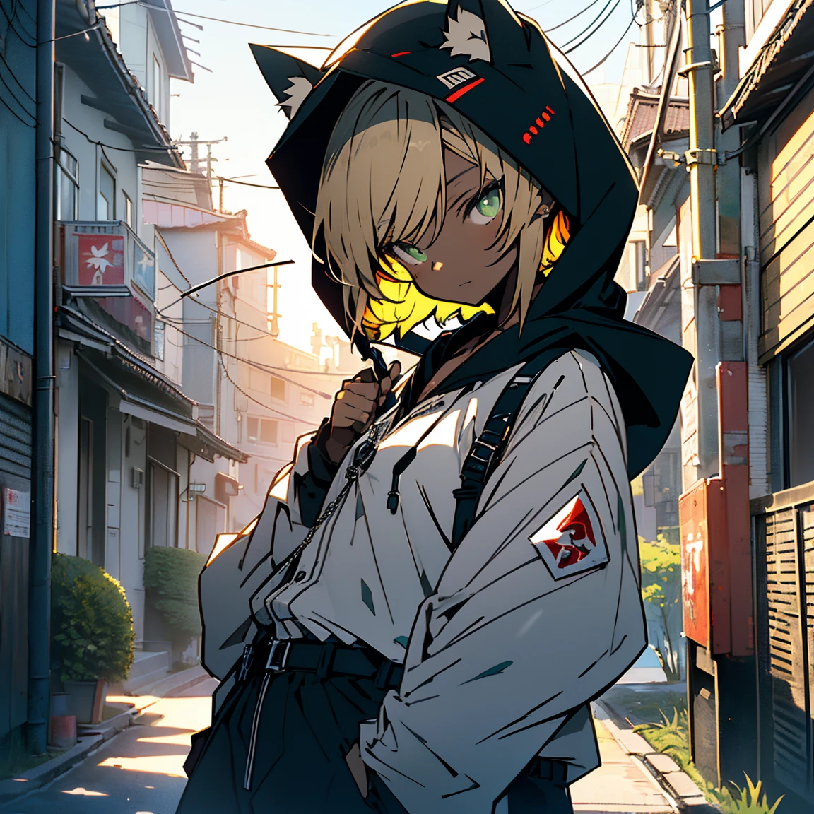 (Highest quality: 1.3), (masterpiece: 1.3), (超detailed: 1.3), (wallpaper, 1 girl, , (detailed),One elementary school girl,Anime girl in black with cat hoodie, Black hoodie,Hooded,With a sword,Held up a sword,Japanese sword,Two-Way,samurai,short hair,Dance logo tape belt chain cargo pants,Cargo jogger pants,Cat ear,Green Eyes,short hair,Blonde,tail,, flat chest,Background wall,(dark tan skin), (dark-skinned female, tanned),
