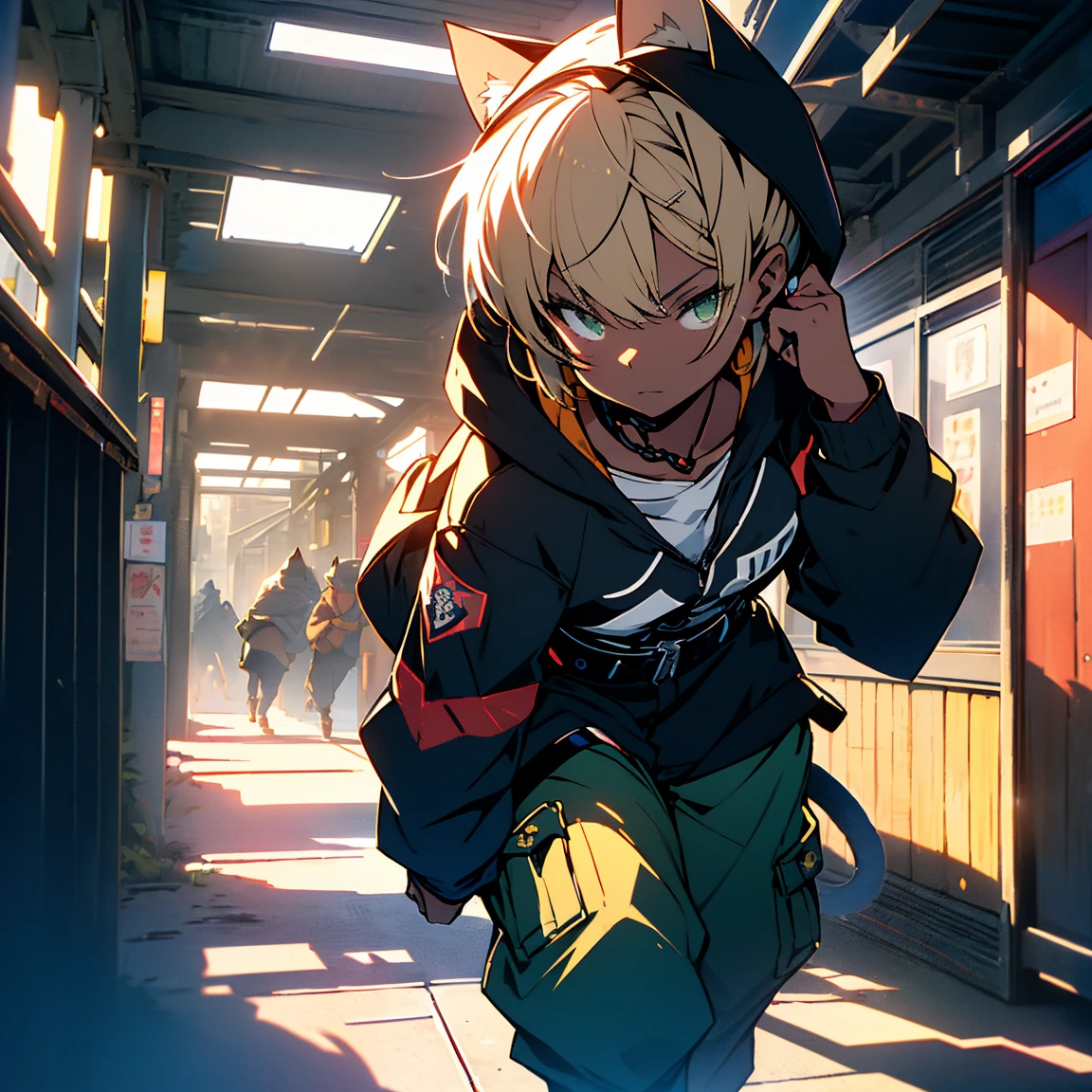 (Highest quality: 1.3), (masterpiece: 1.3), (超detailed: 1.3), (wallpaper, 1 girl, , (detailed),One elementary school girl,Anime girl in black with cat hoodie, Black hoodie,Hooded,With a sword,Held up a sword,Japanese sword,Two-Way,samurai,short hair,Dance logo tape belt chain cargo pants,Cargo jogger pants,Cat ear,Green Eyes,short hair,Blonde,tail,, flat chest,Background wall,(dark tan skin), (dark-skinned female, tanned),