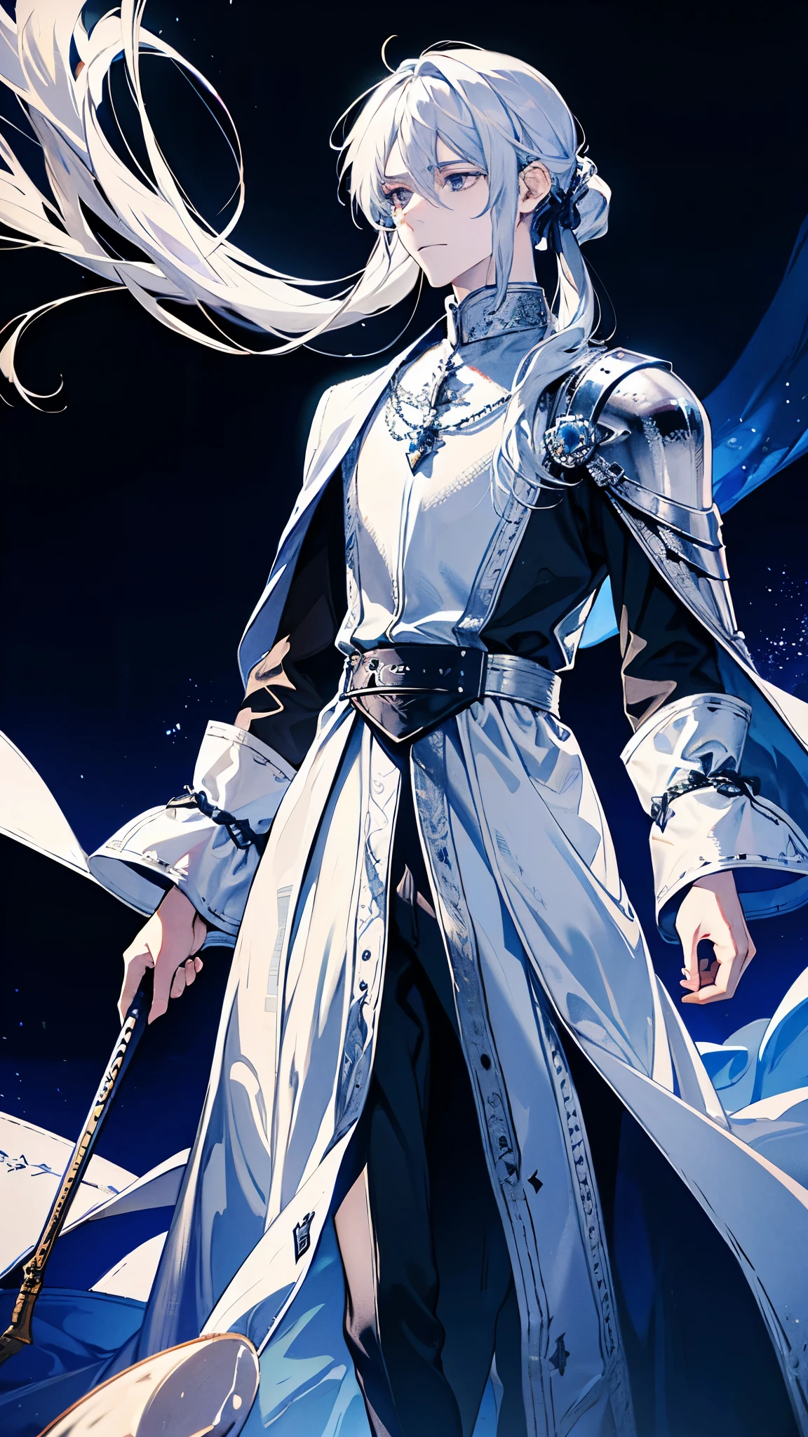 A knight around 25 years old wearing silver armor and a swordsman with long silver hair tied in a ponytail.,