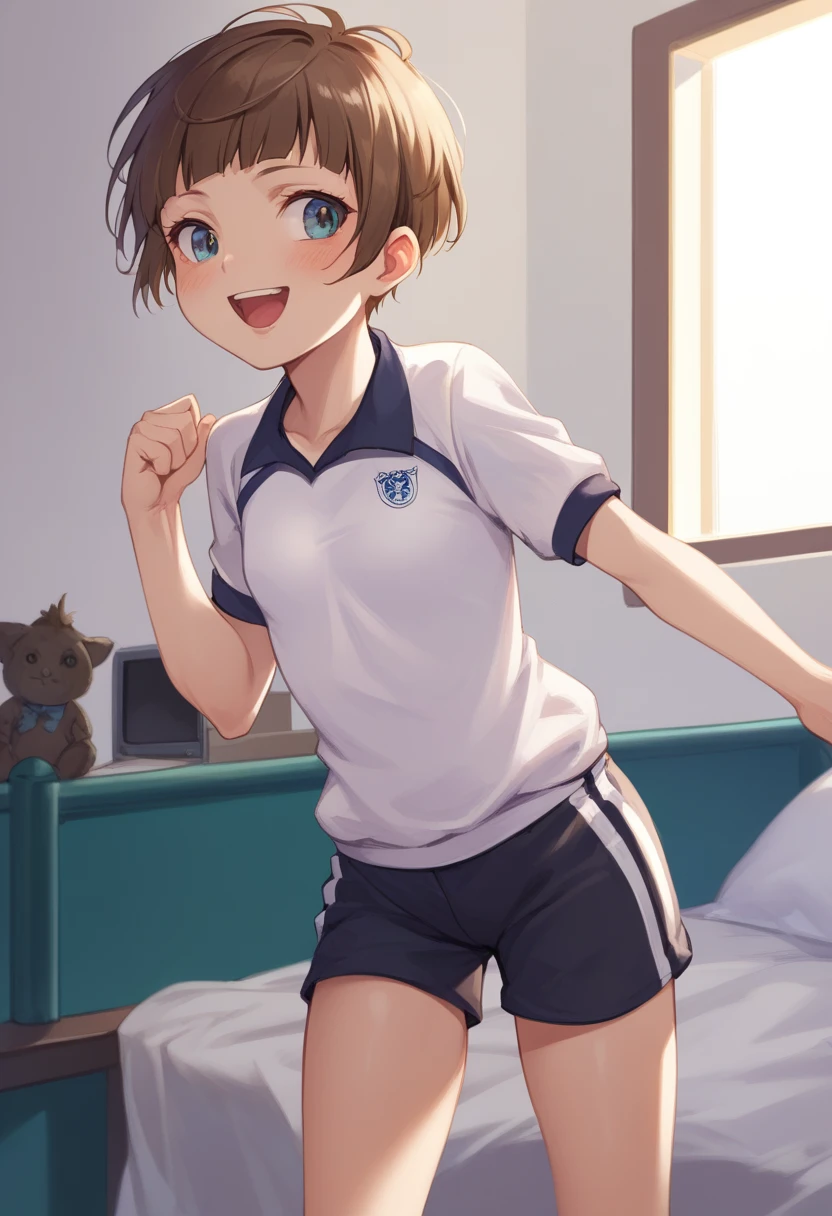 ((Highest quality)), ((masterpiece)), (be familiar with), Perfect Face, indoor, Bedroom, Watching the audience,
One woman, Tsunemori Akane,
Open Mouth, Ecstatic expression, blush, smile,
Small breasts, Flat Chest, Young Girl, Lori, child, Girl,
Short Hair, short hair,
Gym suit, White short sleeves, Black shorts, Leg spread,