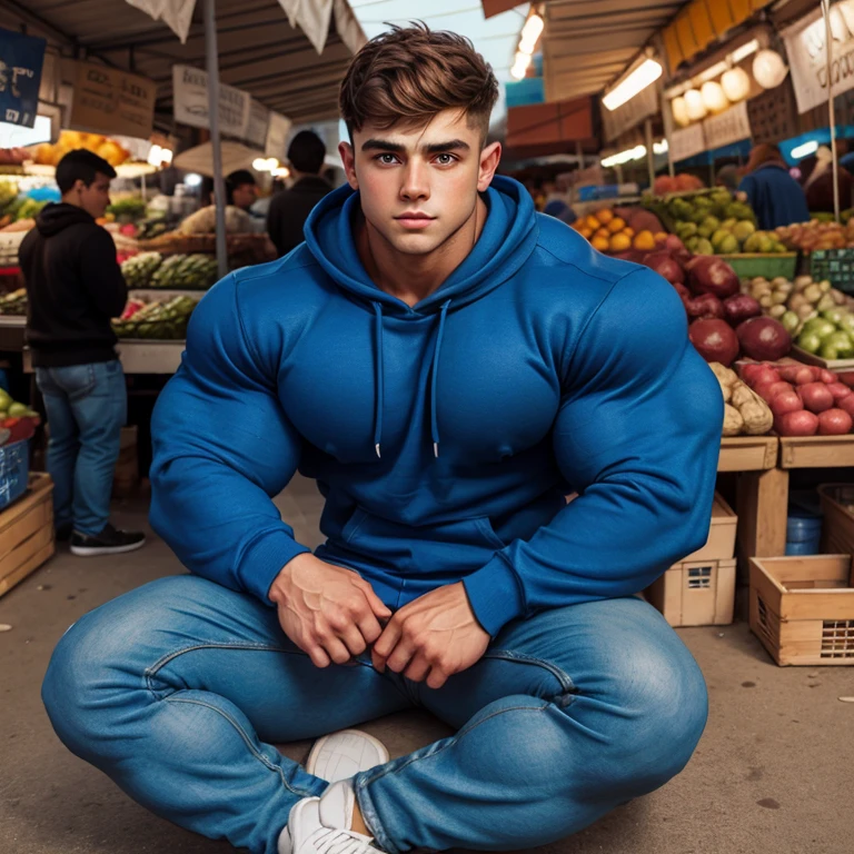 a young man, big eyes, short hair, wearing a tight simple blue sweatshirt with long sleeves, massively muscular, with massively large muscles, with his hands in his pockets, sitting on the floor of a market