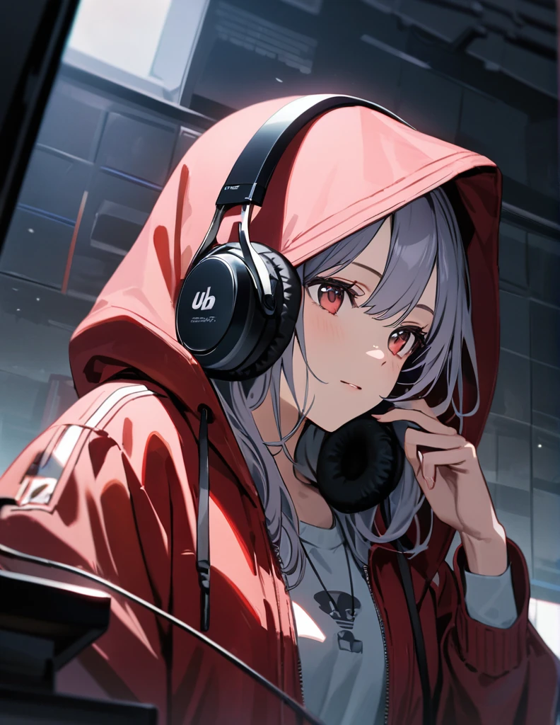 アニメ、デジタルアート、フラットデザイン、to put the hood of your hoodie all the way over your head、uhd, (masterpiece:1.2), best quality, highres, award winning, high details、Listening to music with headphones and looking here computer、her hand peace sign 、Her hair is color pink&red bowing in the wind and she has a calm expression.