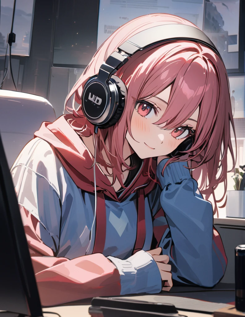 アニメ、デジタルアート、フラットデザイン、to put the hood of your hoodie all the way over your head、uhd, (masterpiece:1.2), best quality, highres, award winning, high details、Listening to music with headphones and looking here computer、her hand peace sign 、Her hair is color pink&red bowing in the wind and she has a calm expression.