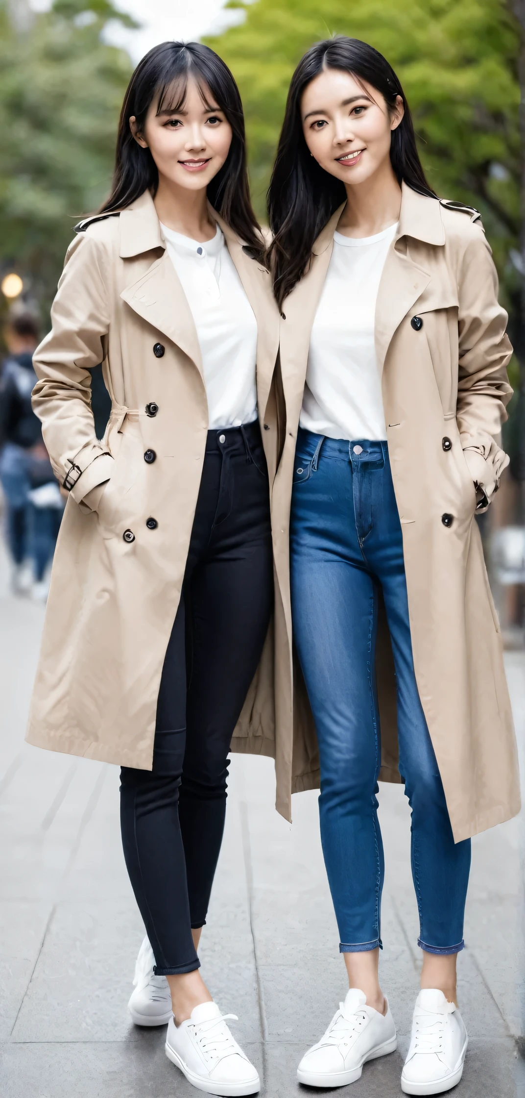 two women standing、charm, Sports competitions, Well-proportioned body, smile、Black Hair,、 trench coat、Skinny jeans、sneakers、 白いsneakersを履いている, Looking into the camera,
