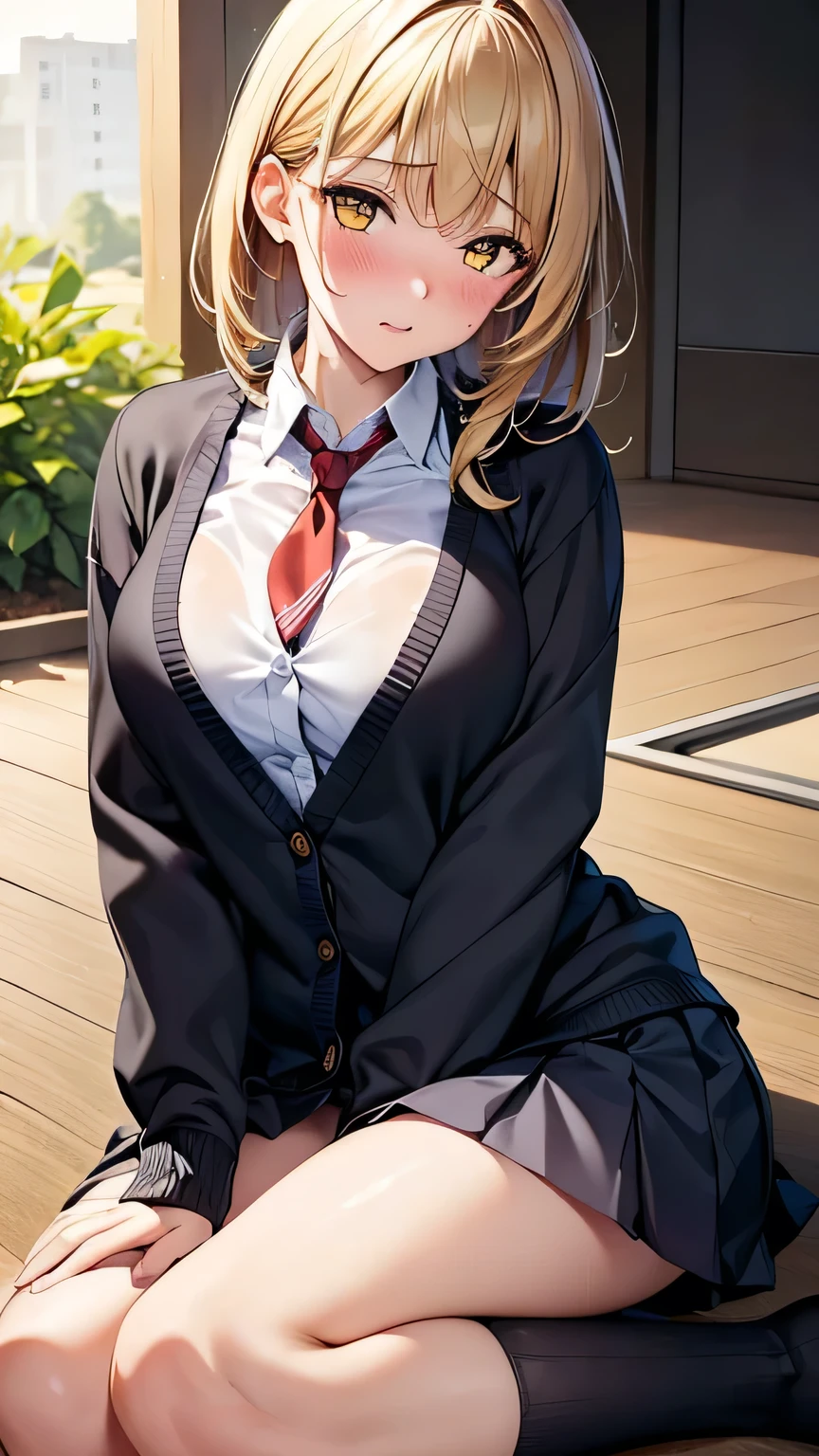 masterpiece, highest quality, High resolution, kitagawa marin sb, The centre of gravity is at the rear, 1 girl, blonde hair, long hair, colorful hair, red eyes, jewelry, earrings, earrings, , white shirt, tide shirt, black choker, blue tie, plaid skirt, sitting, ((spread your legs)), ((Lace black panties)), (show panties:1.3),  (panty shot:1.3), ((the chest of the shirt is open)), ((I can see your bra)), outdoor