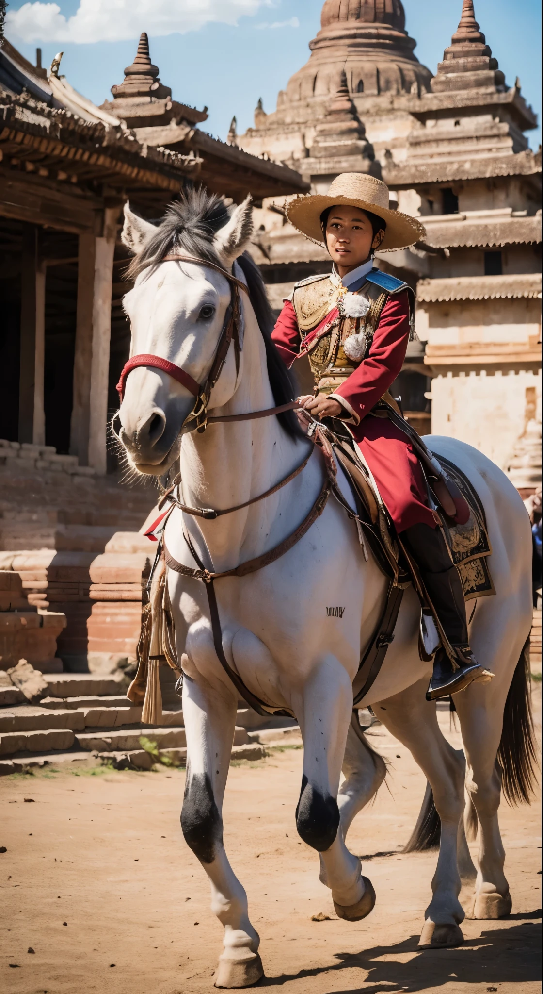 Draw a photo of ancient bagan, Hight quality, people are walking around by riding white elephant(detail), The king wandered around the palace(detail),the swordman troops, Cavalry troops,