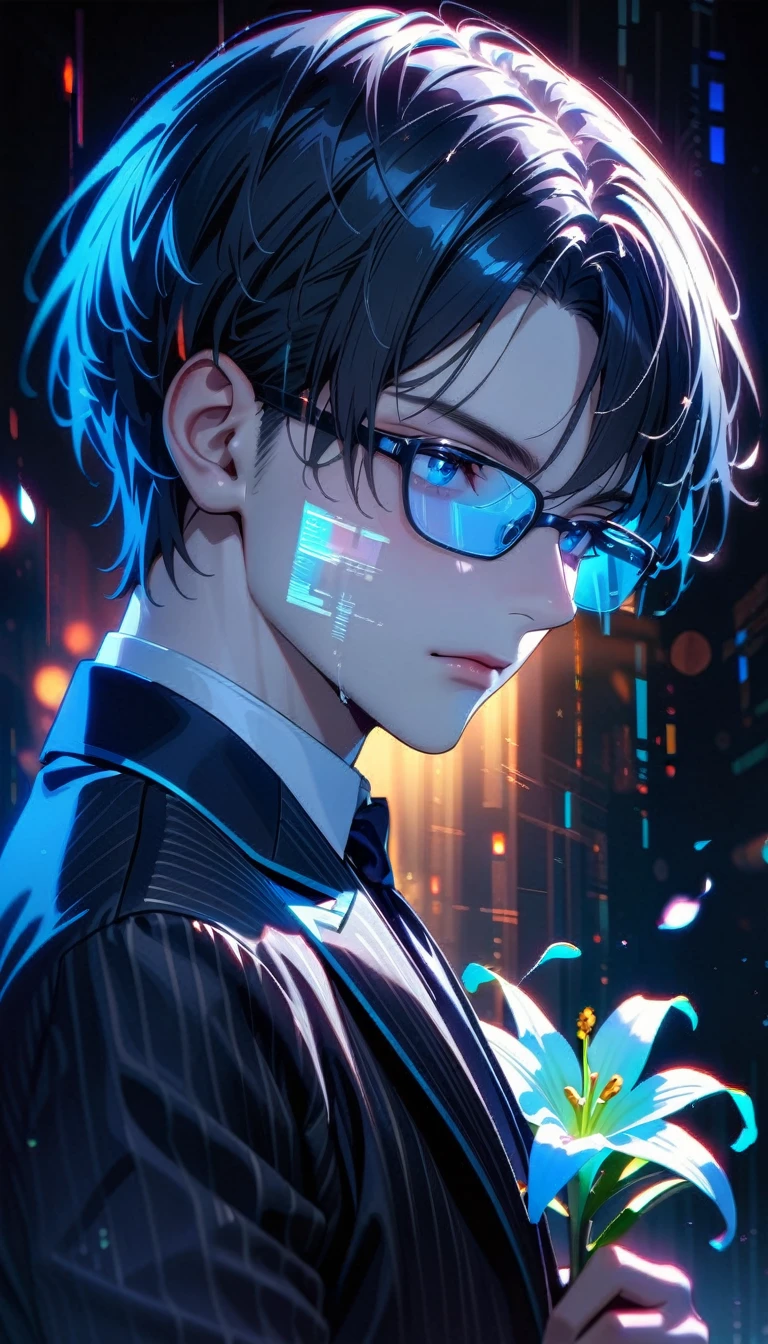 Masterpiece, Best Quality, Super Detailed, High Definition, Expensive Resolution, HDR, Super Detailed CG, Beautiful Details, Depth, Fine Texture, Super Fine, Complete concentration, Pale skin, Handsome man, smart and cool man, confident, short hair, black hair, blue hair highlight, beautiful detail eyes, emerald eyes, full details black tuxedo suit, blue trim, glasses, 1 male, pin a lily on one's chest, Cold face and eyes, closed mouth, ethereal atmosphere, lily garden, intricate details, volumetric lighting, atmospheric lighting, lens flare, particles, Cinematic light, colorful light, white colors schemes, Holding a white lily flower, fine detail, intricate, beautiful detailed glow, extremely detailed eyes and face, futuristic, hlpr, (hologram, glitch, holographic face, ui, interface, nodes), 