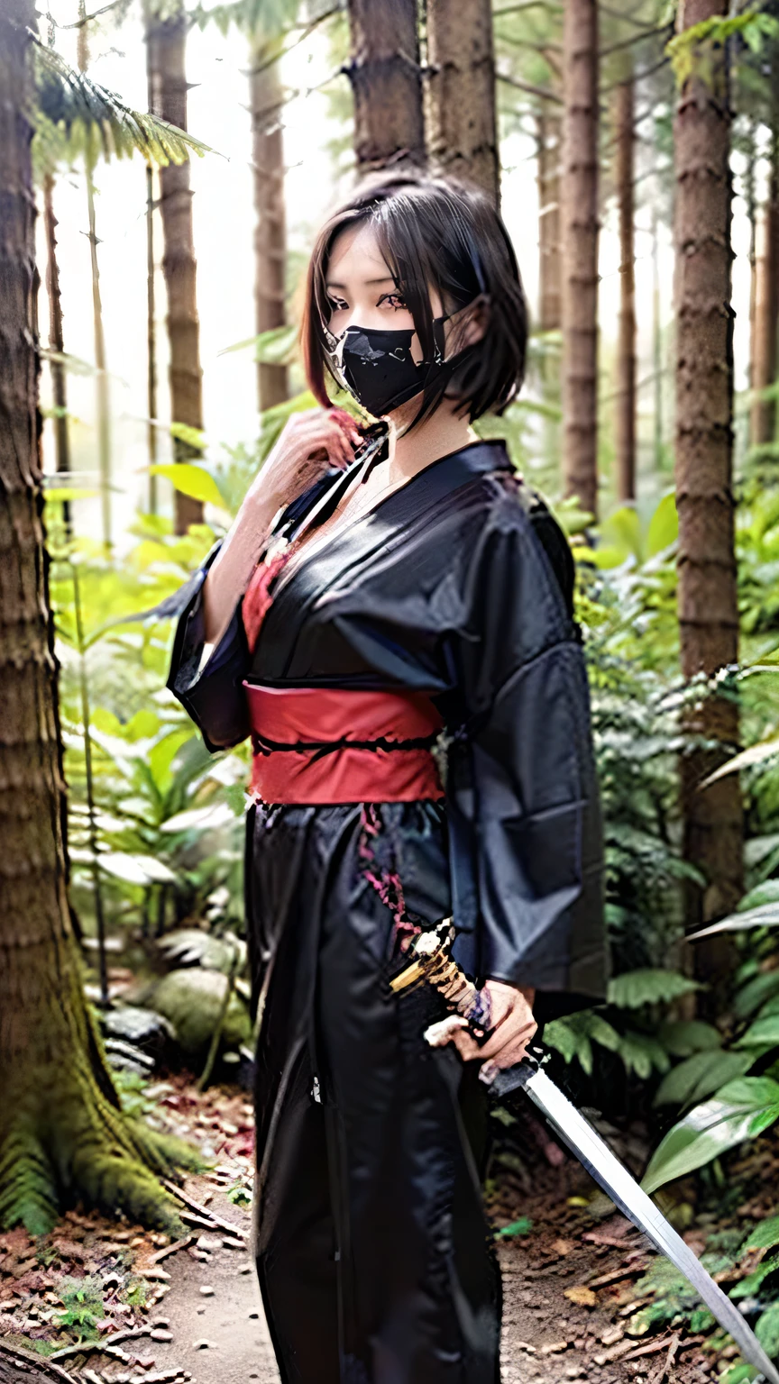 (was:1.3、((Female ninja standing in the forest:1.5)、With background)、(Female ninja with a sword:1.5))、(Realistic、Like a photograph、Live Action、8k, Realistic, RAW Photos, Best image quality: 1.4), Single-lens reflex camera、RAW Photos, Highest quality, Realistic, Highly detailed CG Unity 8k wallpaper, Written boundary depth, Cinematic Light, Lens flare, Ray Tracing, Realistic background、(kunoichi:1.4、kimono)、Grey Hair、short hair、Standing in the village、((Ultra-Dense Skin))、 1 girl,Cute Kunoichi、(whole body:1.5)、I like that style、Pay attention to the details、Perfect outfit、(White Squid Portrait、Accurate Arm、Accurate feet、Beautiful legs、Precise thighs、Anatomically correct body、View from the front