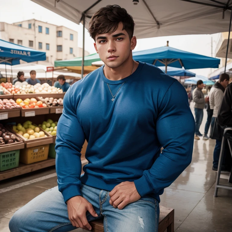 a young man, big eyes, short hair, wearing a tight simple blue sweatshirt with long sleeves, massively muscular, with massively large muscles, with his hands in his pockets, sitting on the floor of a market