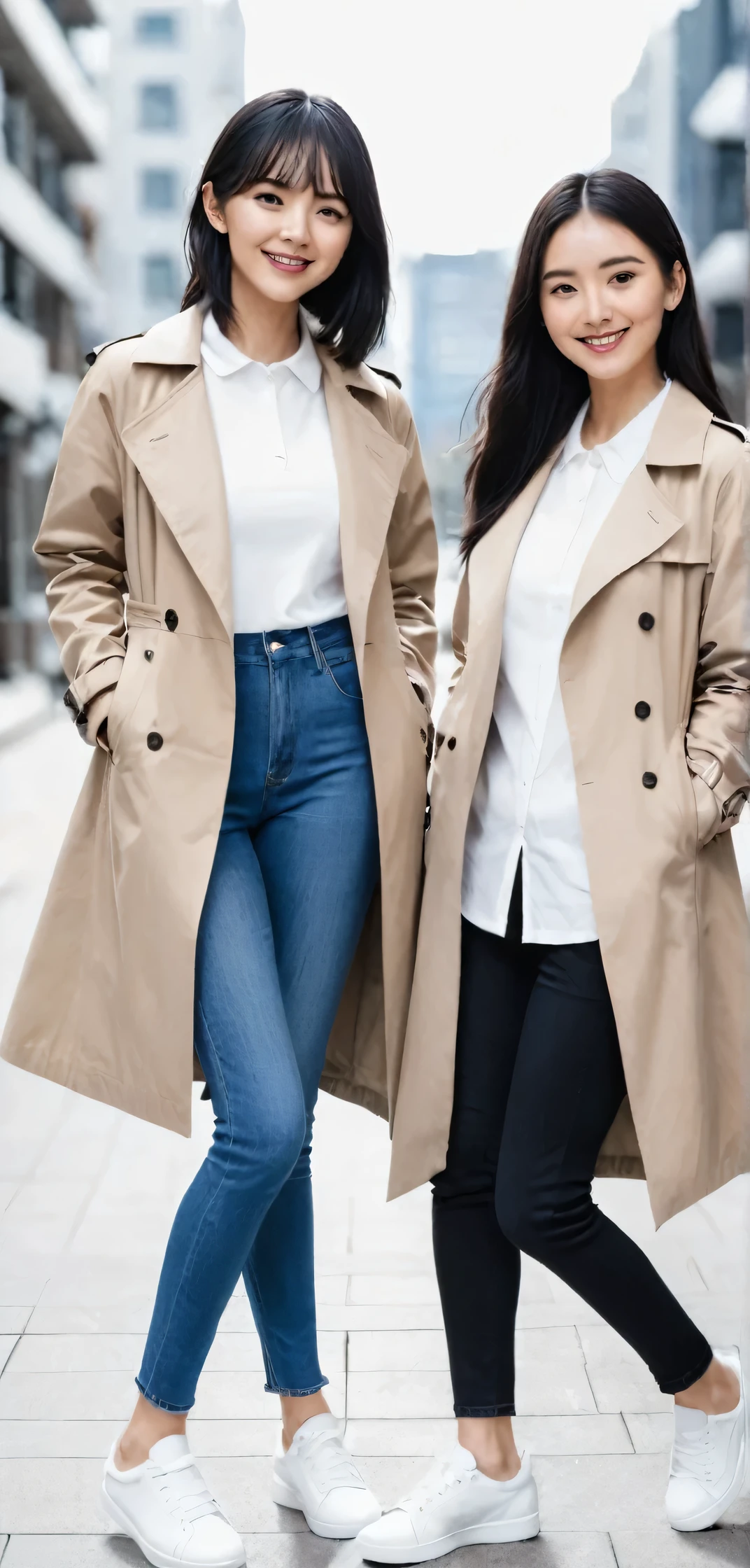 two women standing、charm, Sports competitions, Well-proportioned body, smile、Black Hair,、 trench coat、Skinny jeans、sneakers、 白いsneakersを履いている, Looking into the camera,
