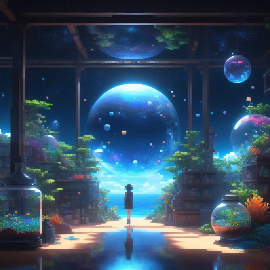 Pixel art, The entire observable universe is in a bottle, dream-like, Surreal Landscape, Mysterious Creatures, Twisted reality, Surrealism静物, (Very detailed油絵:1.2), Glow effect, Divine Light, Hand-drawn, make, 8k, comics, octane make, Cinema 4D, Blender, dark, 大气 4K 超详细, Sensual, Clear focus, Humorous illustrations, Large depth of field, masterpiece, color, 3d octane make, 4K, Concept Art, Popular on Art Station, Surrealism, Vivid color, Very detailed CG ユニティ 8k 壁紙, Popular on Art Station, Popular on CGsociety, Complex, Attention to detail, dramatic, (masterpiece), (Highest quality), (Very detailed), (Unreal Engine), (octane make), (Human Development Report)