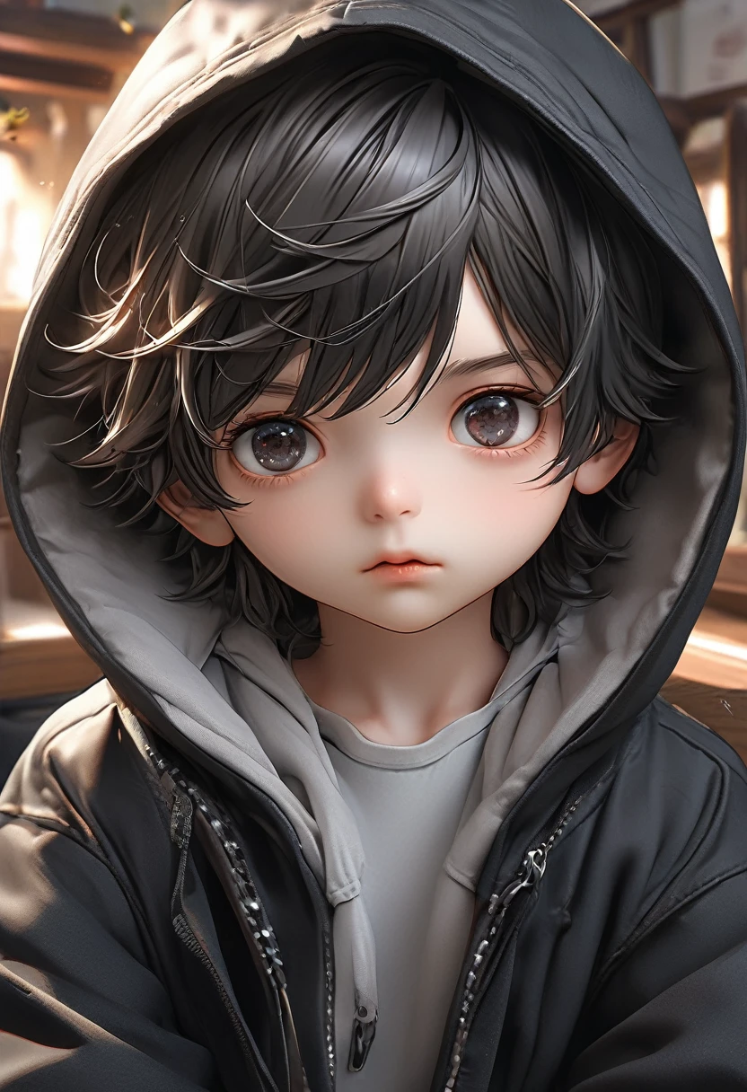 A kid, boy, handsome, black hair, short hair, mullet, black eyes, upturned eyes, expressionless, black jacket, anime, first-person view, masterpiece, anatomically correct, high details, highres, best quality, super detail Wear a cool hoodie.