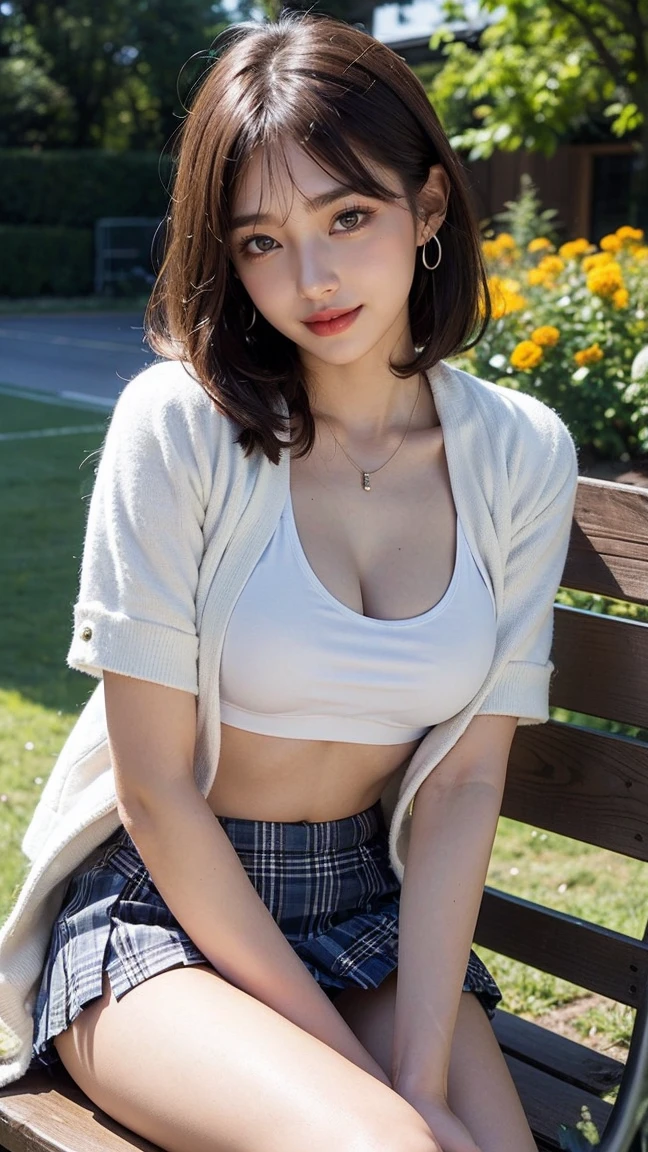 (Beautiful girl sitting on a bench in a flower garden), ((Surrounded by lots of marigolds)), (masterpiece:1.3), light makeup, red lips, beautiful hair, Black hair, (Long bob hair:1.3), elegant, soft lighting, Very fine details, masterworks, authentic texture, perfect work, (1 girl), (One Woman), 16k, high resolution, exquisite features, brown eyes, (Ultra-high resolution eye:1.1), Japanese idol, beautiful face, ((artists work)), (gentle smile like a goddess), attractive, well-shaped breasts, beautiful cleavage, shiny skin, smooth skin, BREAK, (Wear a short-sleeved summer jacket over a Calvin Klein sports bra:1.3), BREAK, (Madras check mini skirt:1.3), earrings, necklace, BREAK, upper body, (Sitting position), (open legs), (Sitting with legs crossed:1.3), (lovely smile), ((Asking for a kiss:1.2)), ((Reaching out)), (Reach out to invite your audience in), (Low Angle Shot:1.2), Shooting from close to the ground